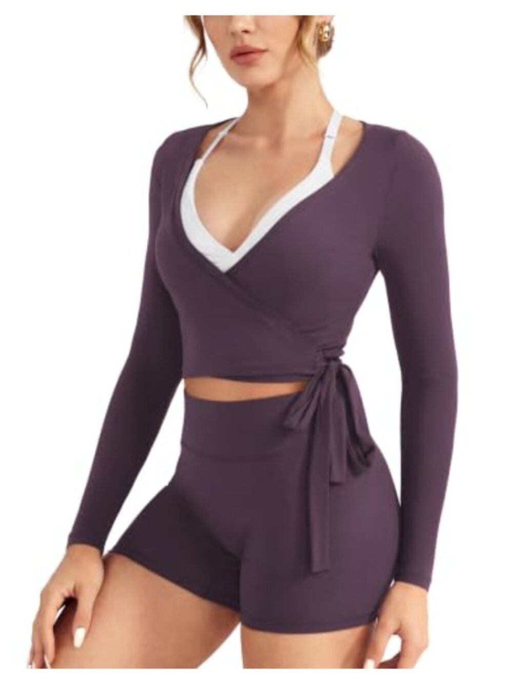 Women's Wrap V-Neck Long Sleeve Shirt, Adjustable Tie Activewear Top